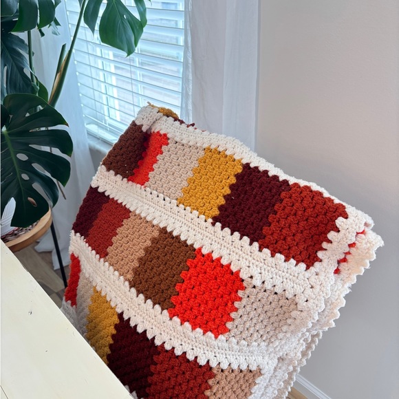 Crochet Throw Blanket Afghan 49”X49” Handmade Creme Brown Orange - Picture 6 of 6